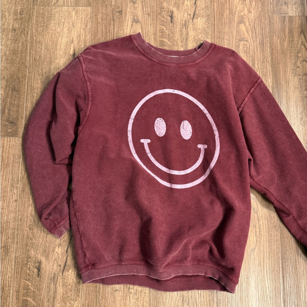 Burgundy Smiley Face Crew Neck Sweater